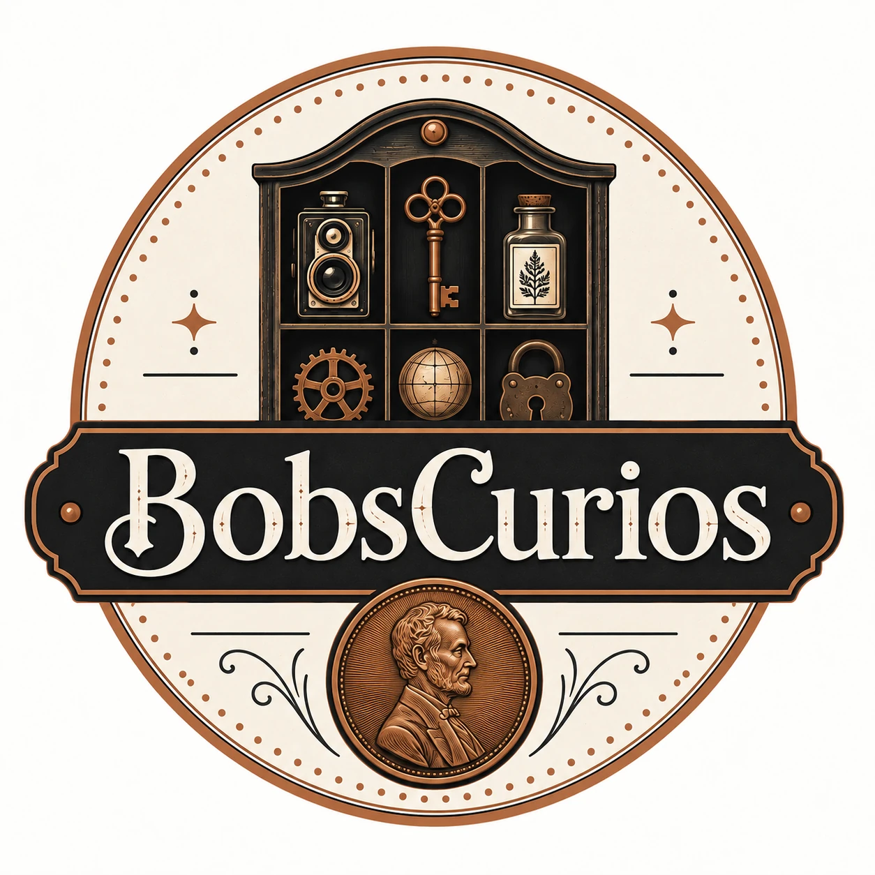 BobsCurios vintage cabinet of curiosities logo with a copper penny